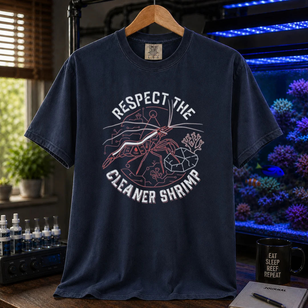Saltwater aquarium graphic t-shirt featuring a schematic cleaner shrimp illustration and text: RESPECT THE CLEANER SHRIMP, navy crew neck tee