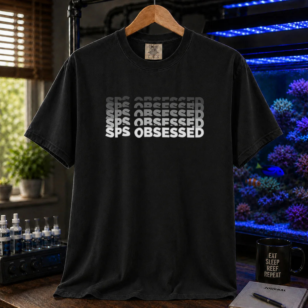 Saltwater aquarium graphic t-shirt featuring stacked retro fading text: SPS OBSESSED, black crew neck tee