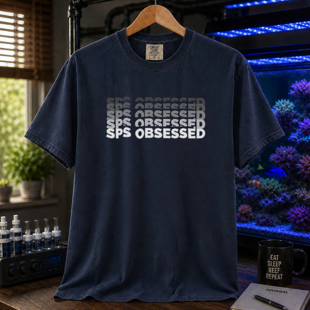 Saltwater aquarium graphic t-shirt featuring stacked retro fading text: SPS OBSESSED, navy crew neck tee