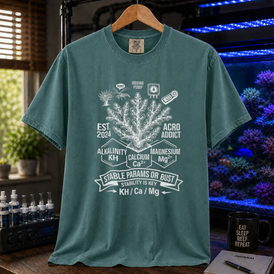 Saltwater aquarium graphic t-shirt featuring a coral center, parameter blocks, and text: STABLE PARAMS OR BUST STABILITY IS KEY KH / Ca / Mg, green crew neck tee
