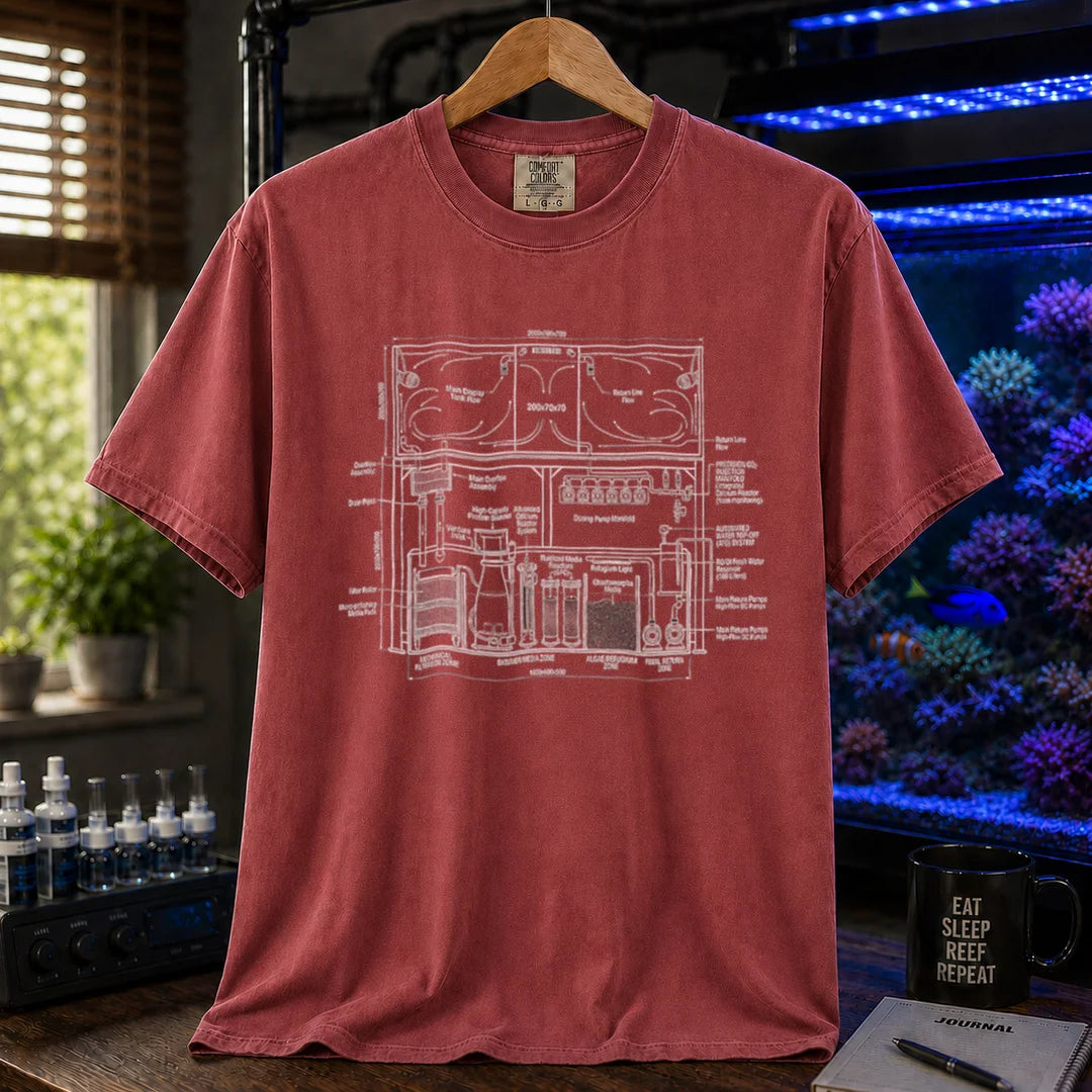 Saltwater aquarium graphic t-shirt featuring a technical engineering blueprint schematic of a marine reef system, maroon, red crew neck tee