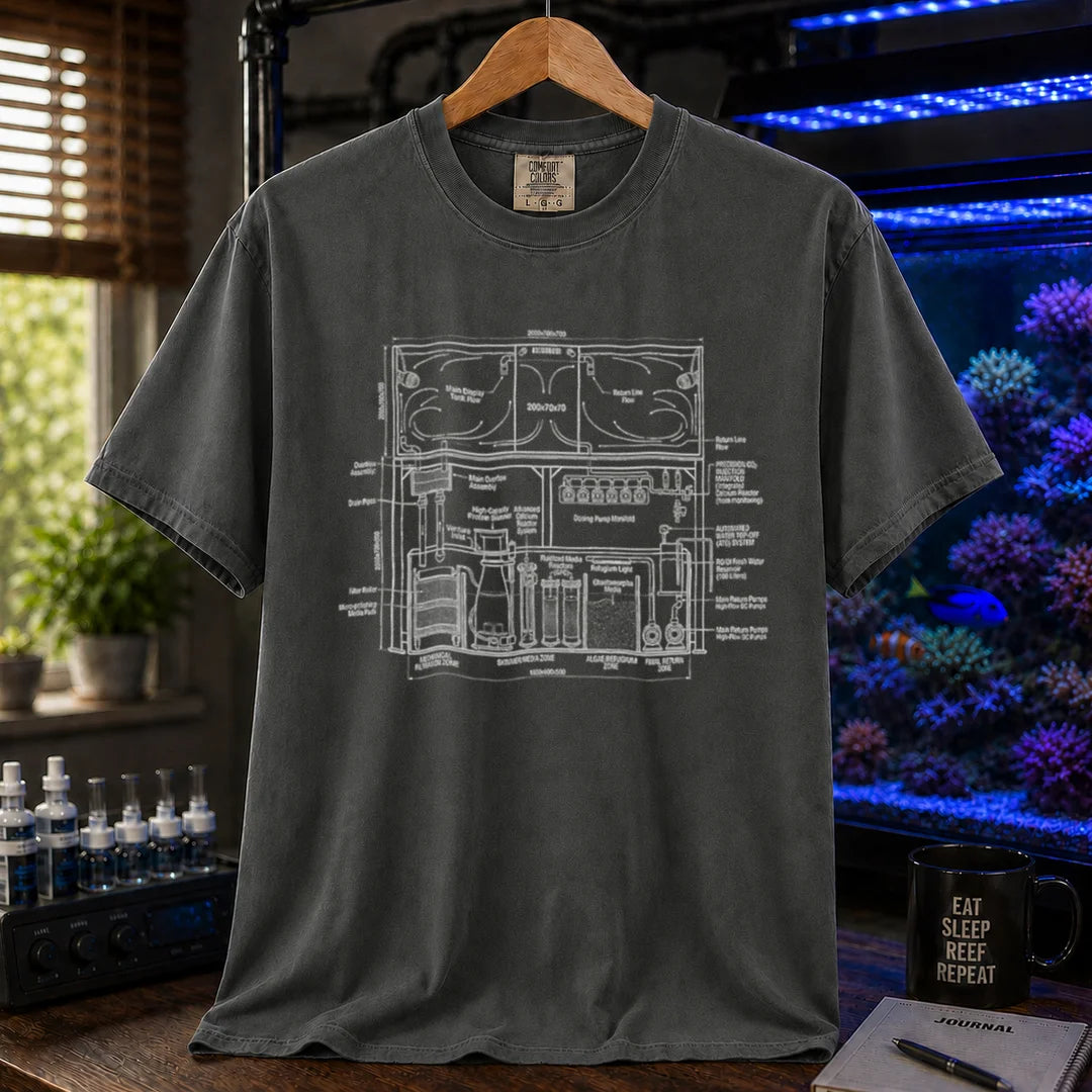 Saltwater aquarium graphic t-shirt featuring a technical engineering blueprint schematic of a marine reef system, dark grey crew neck tee