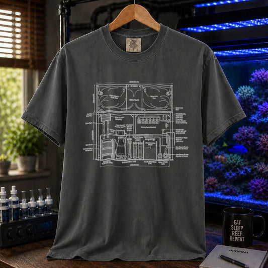 Saltwater aquarium graphic t-shirt featuring a technical engineering blueprint schematic of a marine reef system, dark grey crew neck tee
