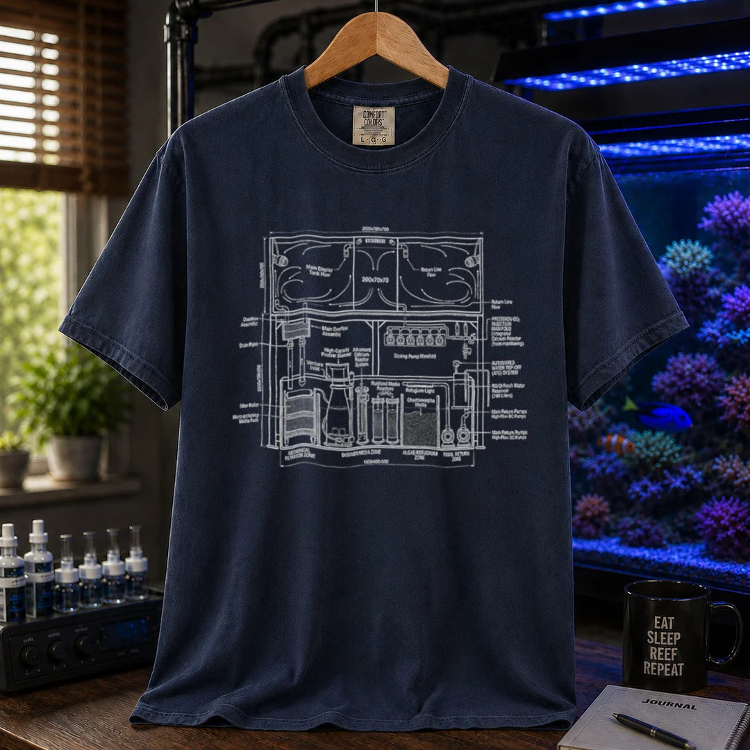 Saltwater aquarium graphic t-shirt featuring a technical engineering blueprint schematic of a marine reef system, navy crew neck tee