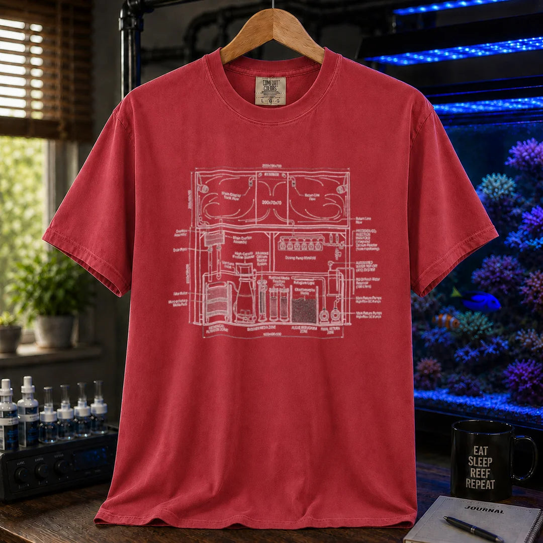 Saltwater aquarium graphic t-shirt featuring a technical engineering blueprint schematic of a marine reef system, red crew neck tee
