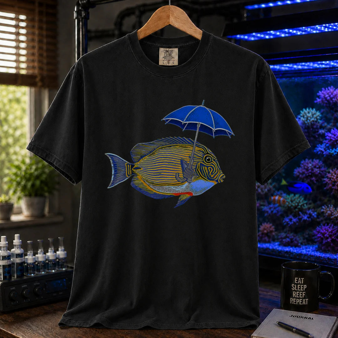 Saltwater aquarium graphic t-shirt featuring a lined tang fish holding a blue umbrella, black crew neck tee