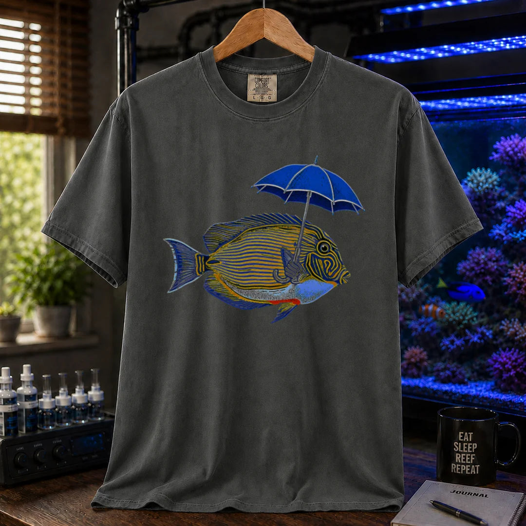 Saltwater aquarium graphic t-shirt featuring a lined tang fish holding a blue umbrella, dark grey crew neck tee