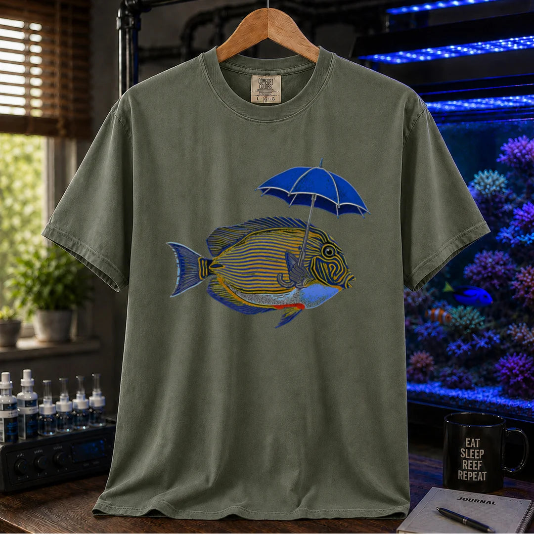 Saltwater aquarium graphic t-shirt featuring a lined tang fish holding a blue umbrella, military green crew neck tee