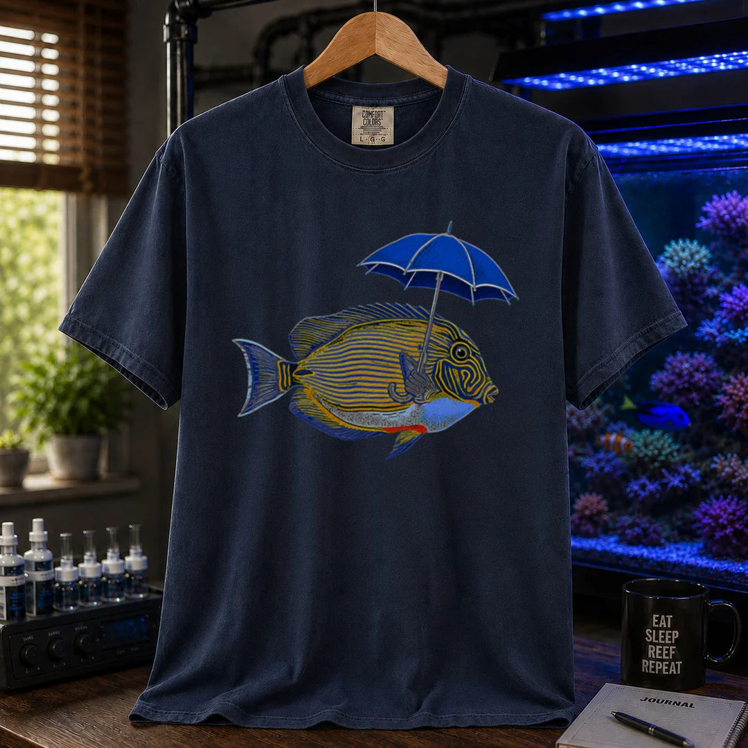 Saltwater aquarium graphic t-shirt featuring a lined tang fish holding a blue umbrella, navy crew neck tee