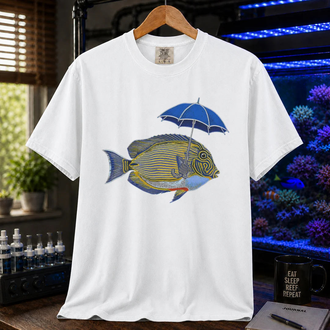 Saltwater aquarium graphic t-shirt featuring a lined tang fish holding a blue umbrella, white crew neck tee