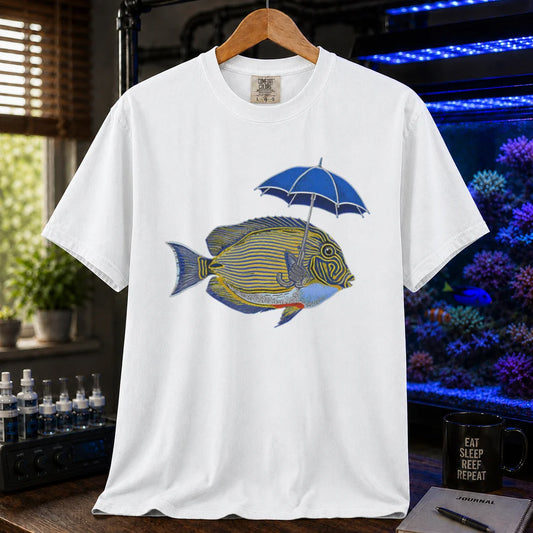 Saltwater aquarium graphic t-shirt featuring a lined tang fish holding a blue umbrella, white crew neck tee