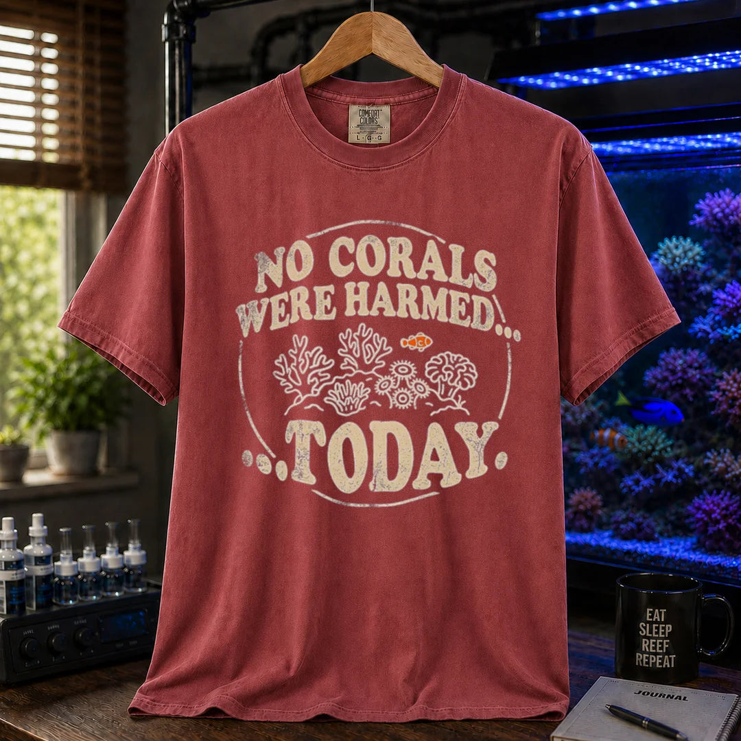Saltwater aquarium graphic t-shirt featuring a circular badge with corals and text: NO CORALS WERE HARMED... TODAY., maroon, chili crew neck tee