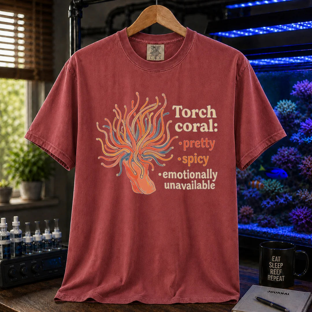 Saltwater aquarium graphic t-shirt featuring a torch coral illustration and text: Torch coral: • pretty • spicy • emotionally unavailable, maroon, red crew neck tee