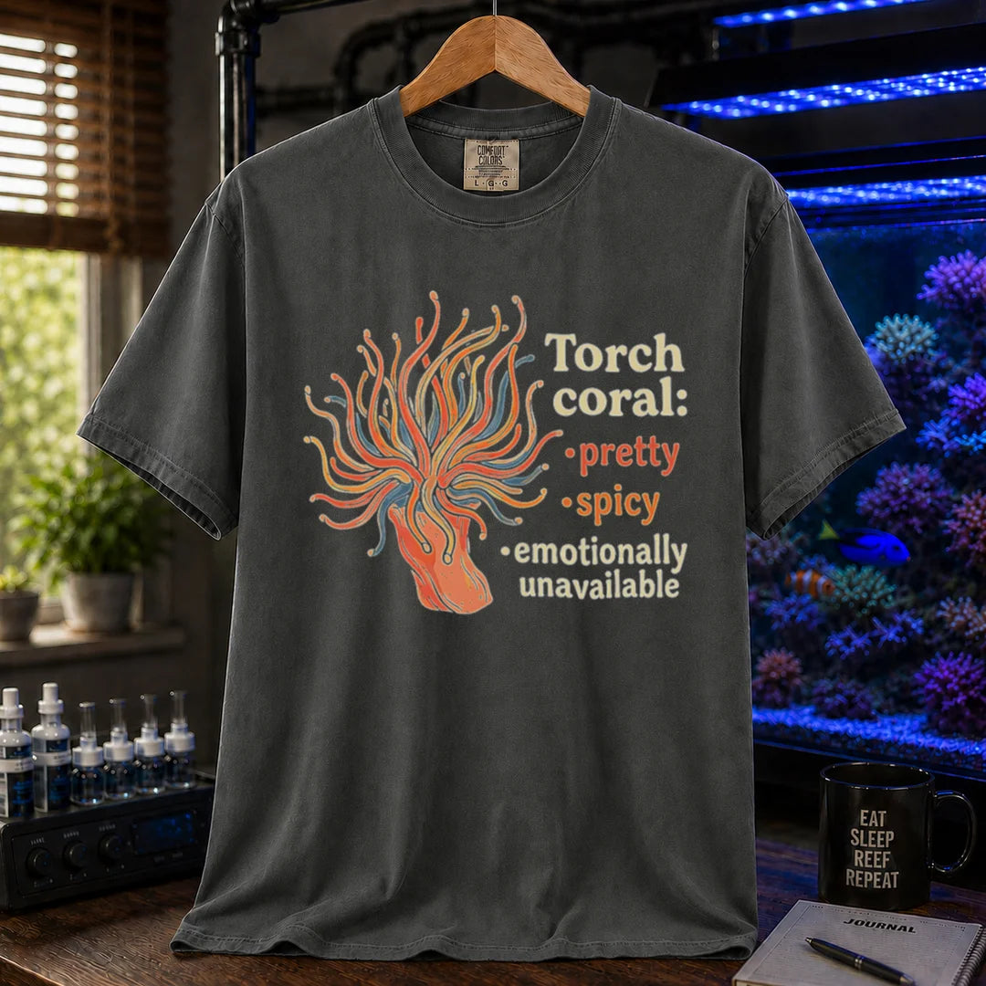 Saltwater aquarium graphic t-shirt featuring a torch coral illustration and text: Torch coral: • pretty • spicy • emotionally unavailable, dark grey crew neck tee