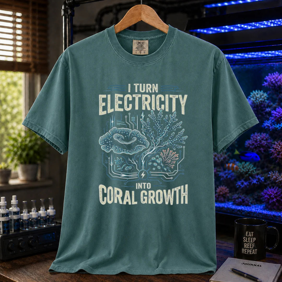 Saltwater aquarium graphic t-shirt featuring circuit board patterns mixed with corals and text: I TURN ELECTRICITY INTO CORAL GROWTH, green crew neck tee