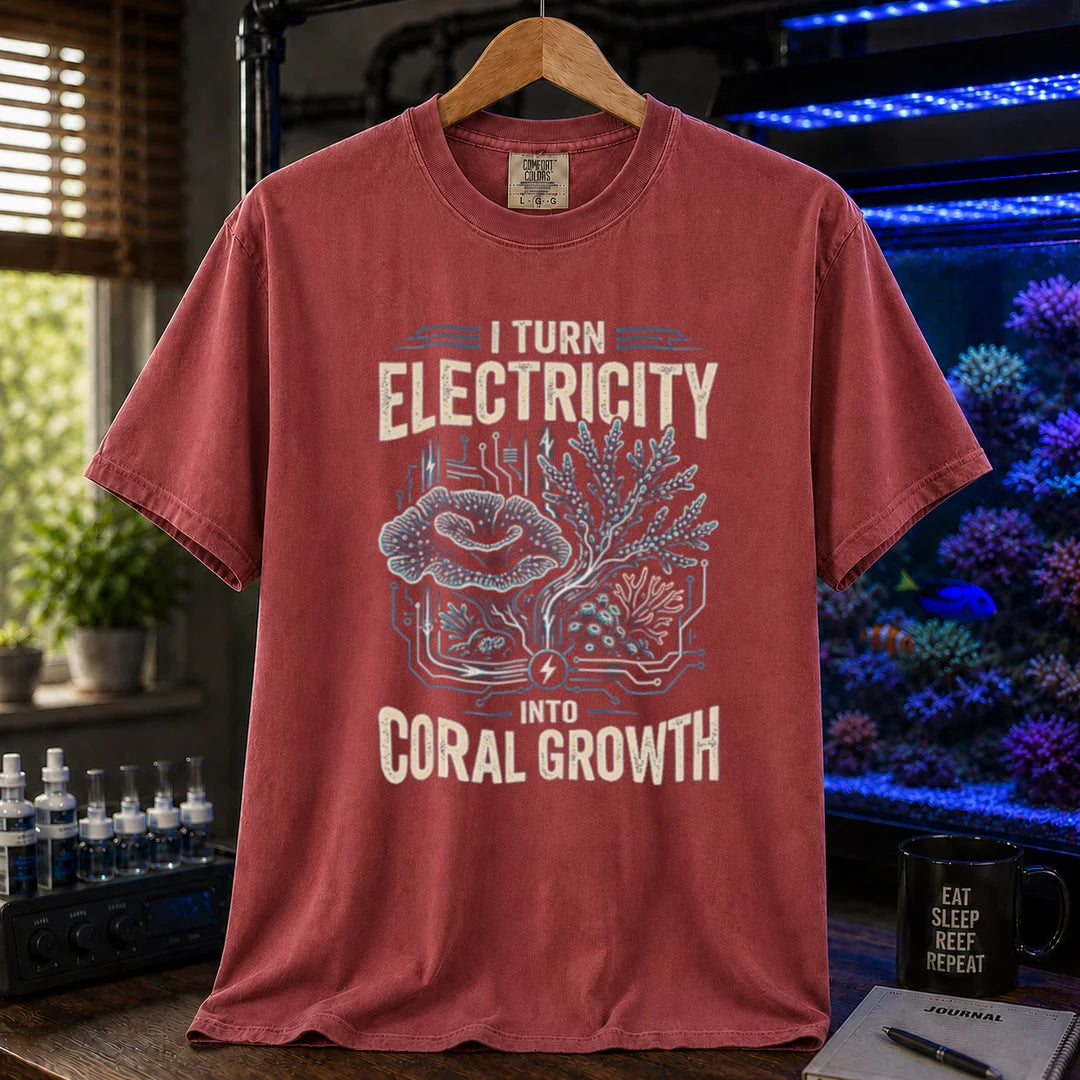 Saltwater aquarium graphic t-shirt featuring circuit board patterns mixed with corals and text: I TURN ELECTRICITY INTO CORAL GROWTH, maroon, red crew neck tee