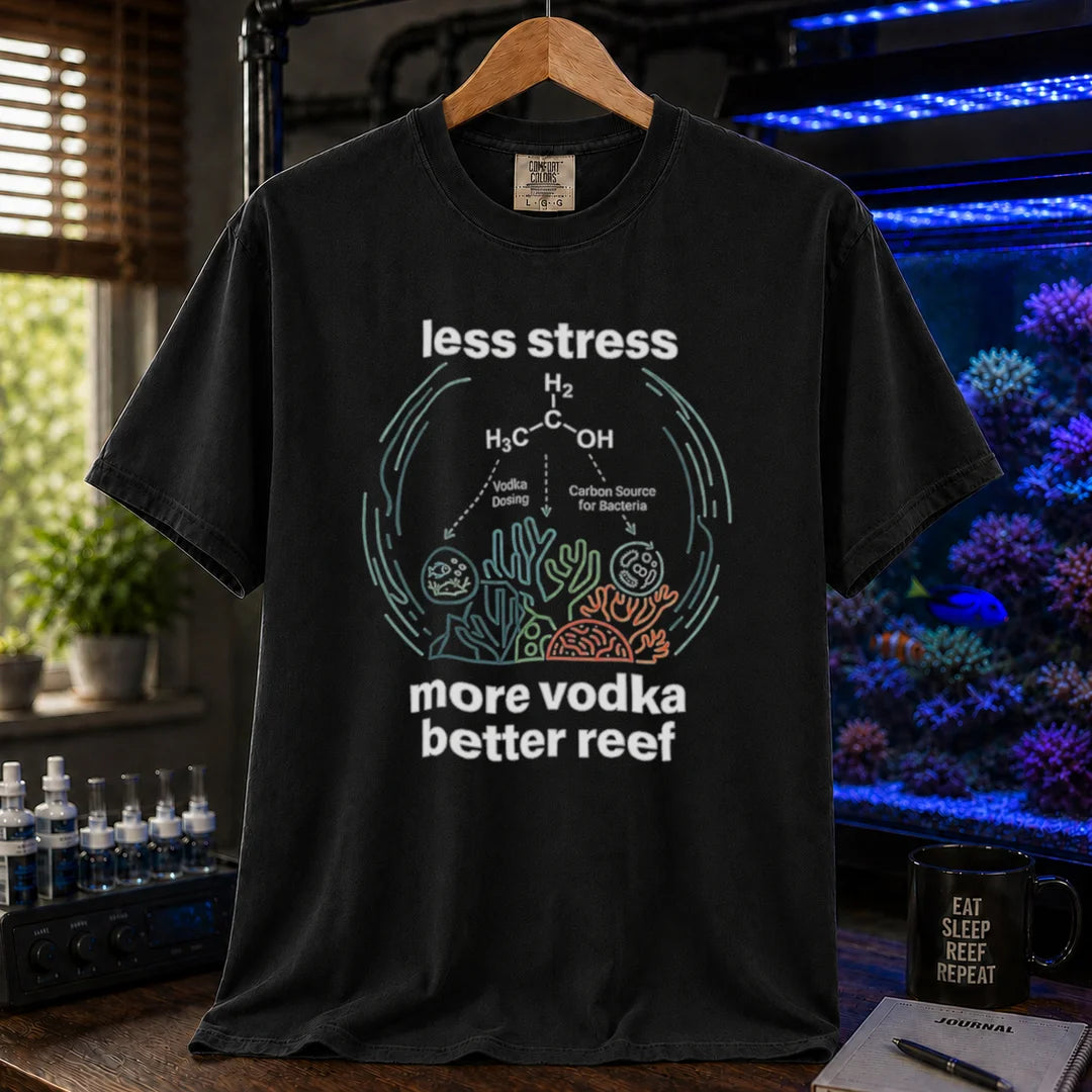 Saltwater aquarium graphic t-shirt featuring an ethanol chemical structure diagram and text: LESS STRESS MORE VODKA BETTER REEF, black crew neck tee