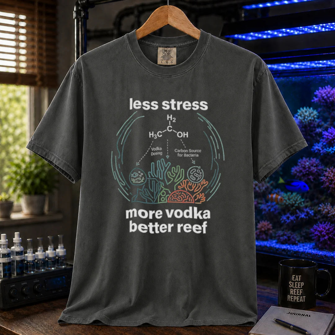 Saltwater aquarium graphic t-shirt featuring an ethanol chemical structure diagram and text: LESS STRESS MORE VODKA BETTER REEF,  dark grey crew neck tee