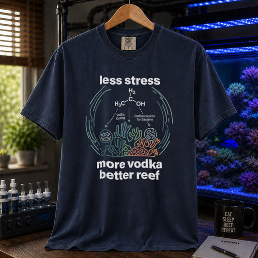 Saltwater aquarium graphic t-shirt featuring an ethanol chemical structure diagram and text: LESS STRESS MORE VODKA BETTER REEF, navy crew neck tee