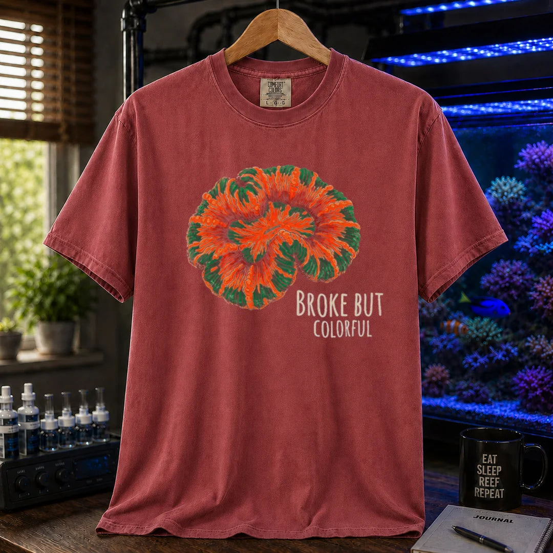 Saltwater aquarium graphic t-shirt featuring an illustration of a brightly colored Scolymia coral and text reading Broke But Colorful, maroon, red crew neck tee
