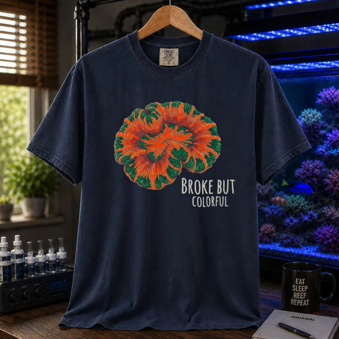 Saltwater aquarium graphic t-shirt featuring an illustration of a brightly colored Scolymia coral and text reading Broke But Colorful, navy crew neck tee