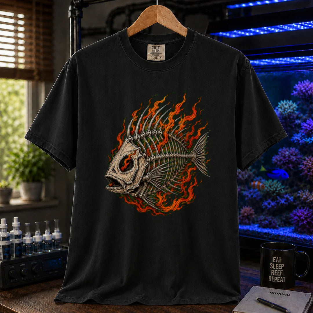 Saltwater aquarium graphic t-shirt featuring an illustration of a fish skeleton wrapped in flames, black crew neck tee