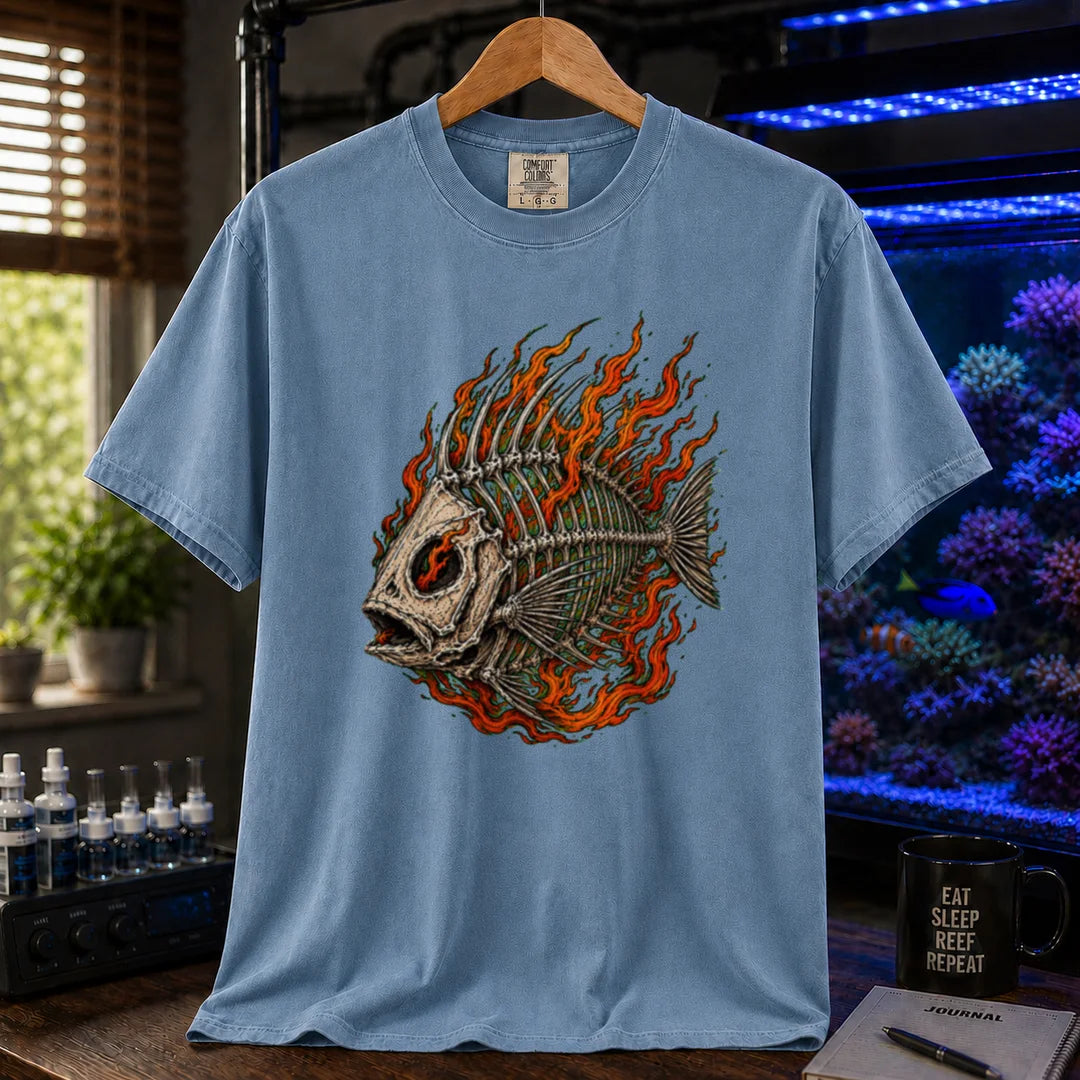 Saltwater aquarium graphic t-shirt featuring an illustration of a fish skeleton wrapped in flames, blue crew neck tee