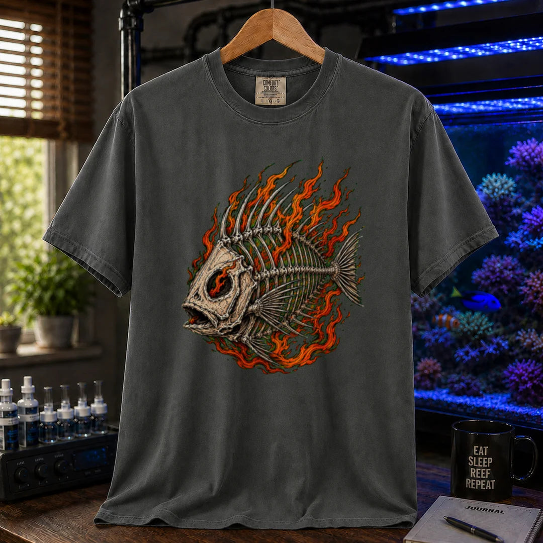 Saltwater aquarium graphic t-shirt featuring an illustration of a fish skeleton wrapped in flames, dark grey crew neck tee