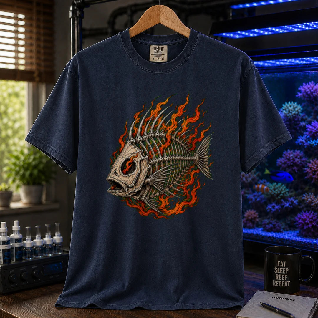 Saltwater aquarium graphic t-shirt featuring an illustration of a fish skeleton wrapped in flames, navy crew neck tee