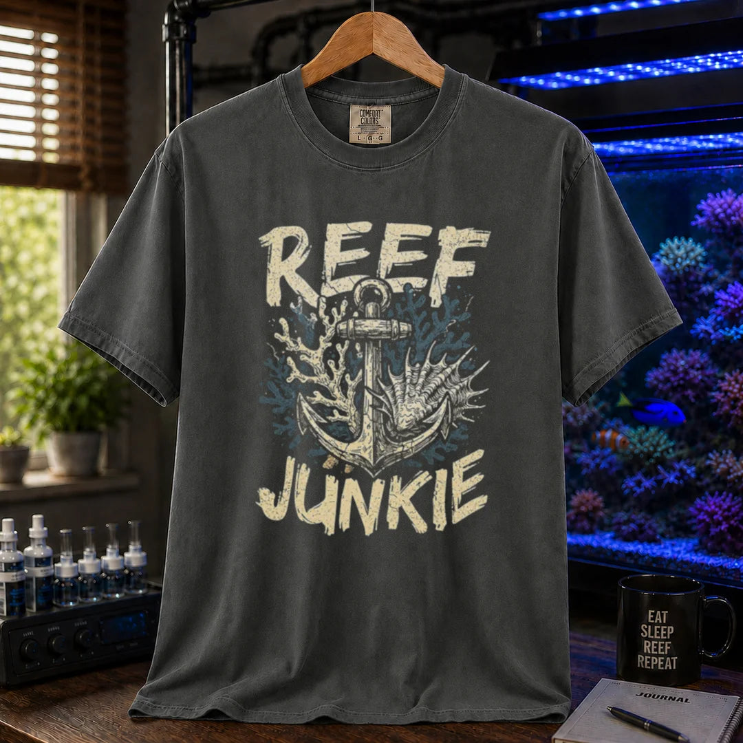 Saltwater aquarium graphic t-shirt featuring an anchor tangled in coral and shells with the text REEF JUNKIE,  dark grey crew neck tee