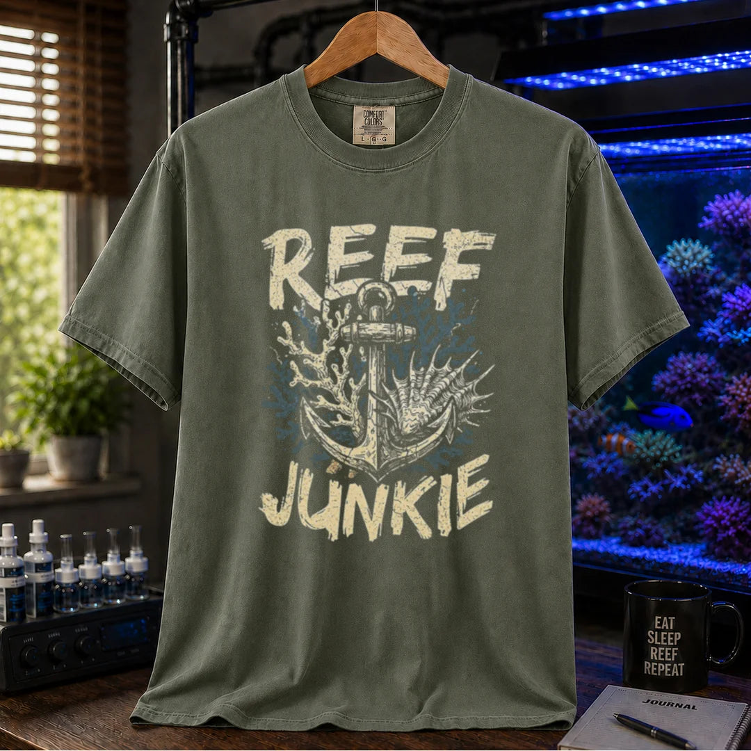 Saltwater aquarium graphic t-shirt featuring an anchor tangled in coral and shells with the text REEF JUNKIE,  military green crew neck tee