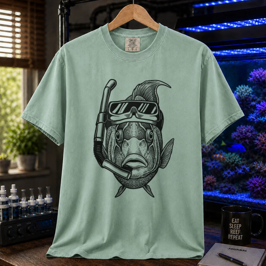 Saltwater aquarium graphic t-shirt featuring an engraved illustration of a fish wearing a snorkeling mask and breathing tube, green crew neck tee