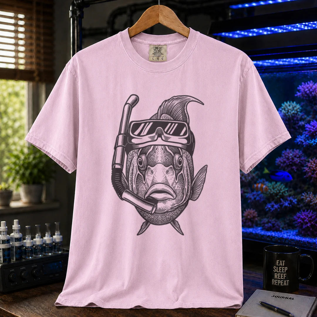 Saltwater aquarium graphic t-shirt featuring an engraved illustration of a fish wearing a snorkeling mask and breathing tube, pink crew neck tee