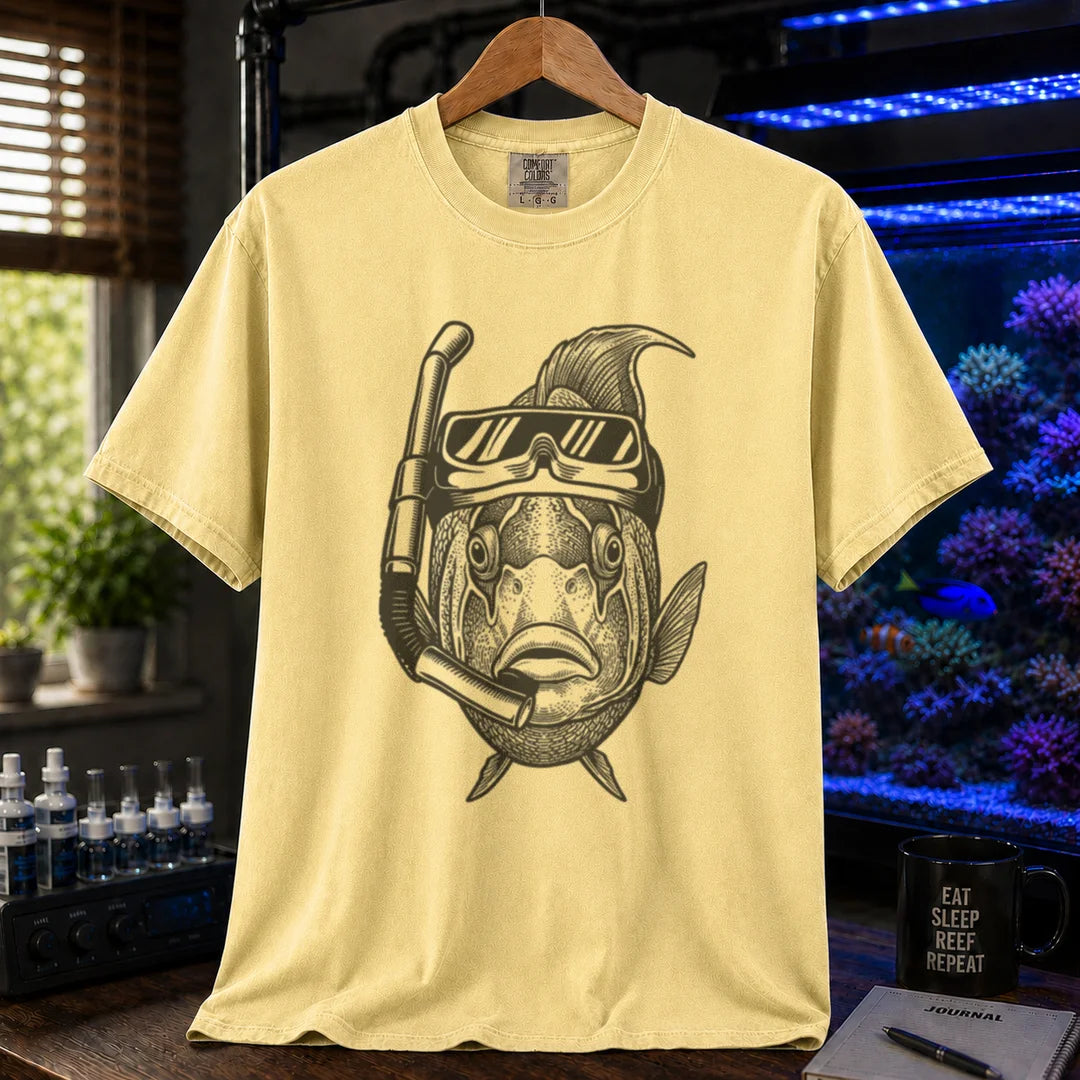 Saltwater aquarium graphic t-shirt featuring an engraved illustration of a fish wearing a snorkeling mask and breathing tube, yellow crew neck tee