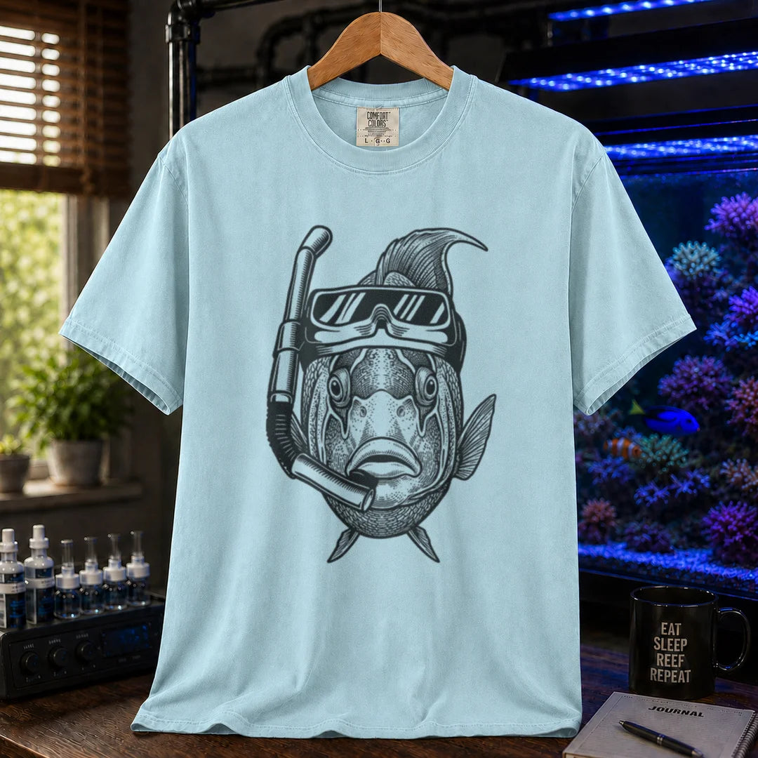 Saltwater aquarium graphic t-shirt featuring an engraved illustration of a fish wearing a snorkeling mask and breathing tube, light blue crew neck tee