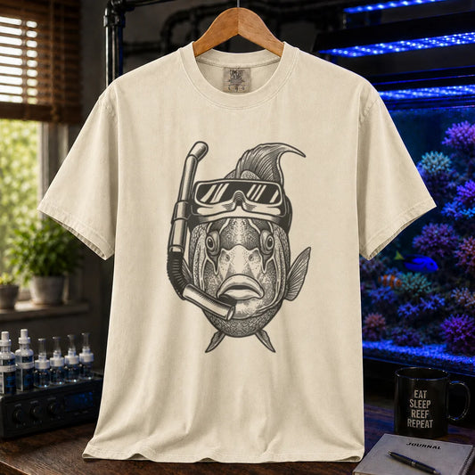 Saltwater aquarium graphic t-shirt featuring an engraved illustration of a fish wearing a snorkeling mask and breathing tube, cream, beige, ivory crew neck tee