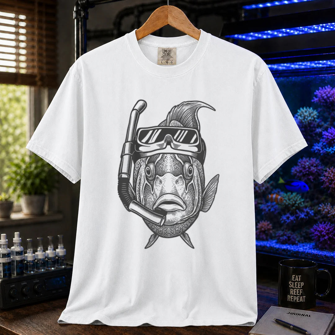 Saltwater aquarium graphic t-shirt featuring an engraved illustration of a fish wearing a snorkeling mask and breathing tube, white crew neck tee