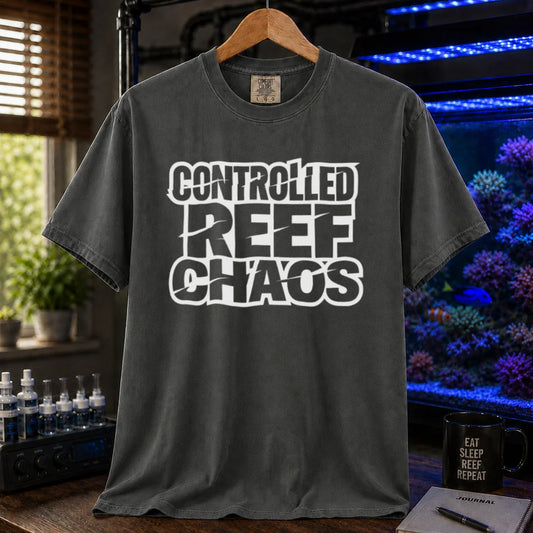 Saltwater aquarium graphic t-shirt featuring bold distressed block text reading CONTROLLED REEF CHAOS, dark grey crew neck tee