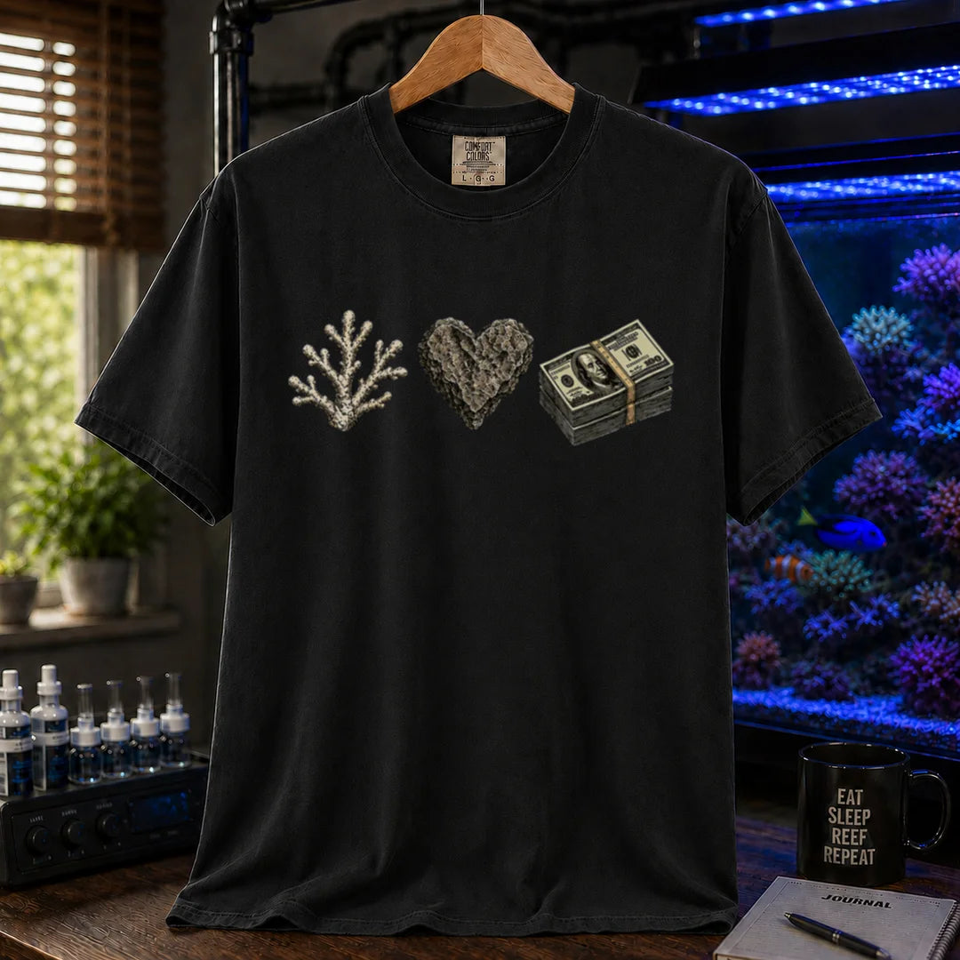 Saltwater aquarium graphic t-shirt featuring line art of a coral branch, a heart-shaped rock, and a stack of hundred dollar bills, black crew neck tee