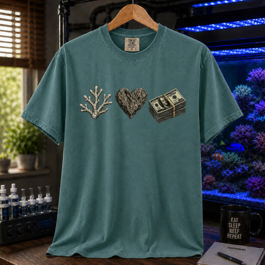 Saltwater aquarium graphic t-shirt featuring line art of a coral branch, a heart-shaped rock, and a stack of hundred dollar bills, green crew neck tee