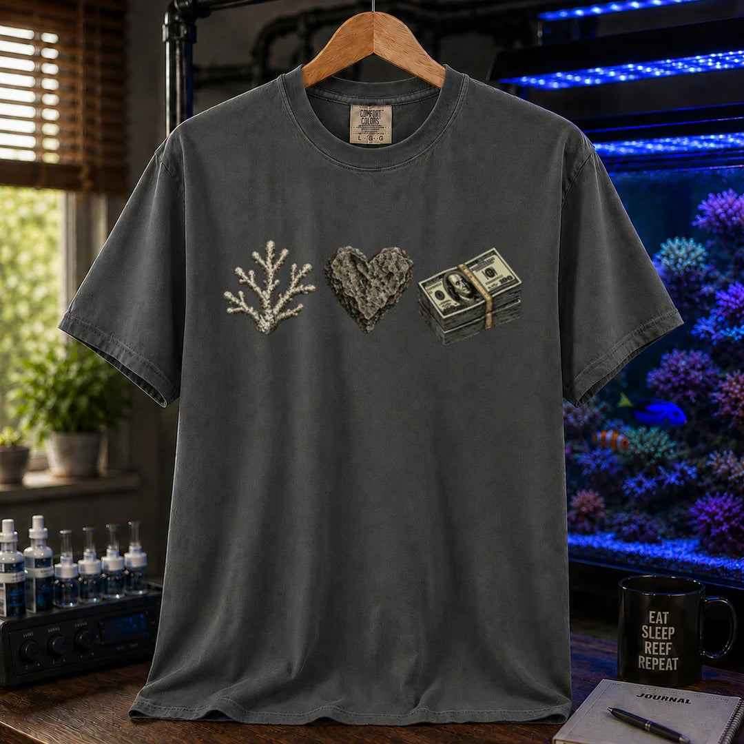 Saltwater aquarium graphic t-shirt featuring line art of a coral branch, a heart-shaped rock, and a stack of hundred dollar bills, dark grey crew neck tee