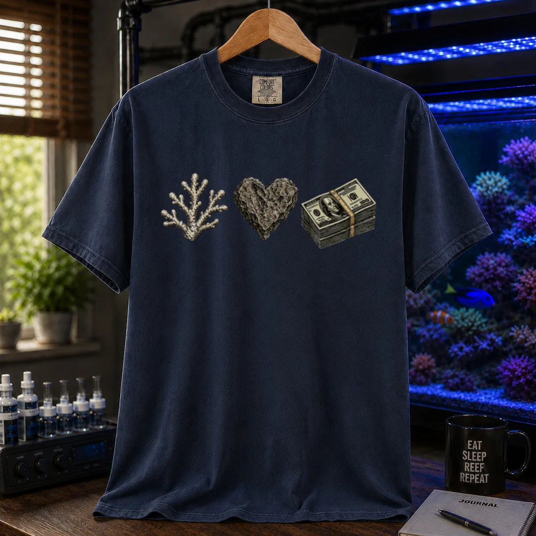 Saltwater aquarium graphic t-shirt featuring line art of a coral branch, a heart-shaped rock, and a stack of hundred dollar bills, navy crew neck tee