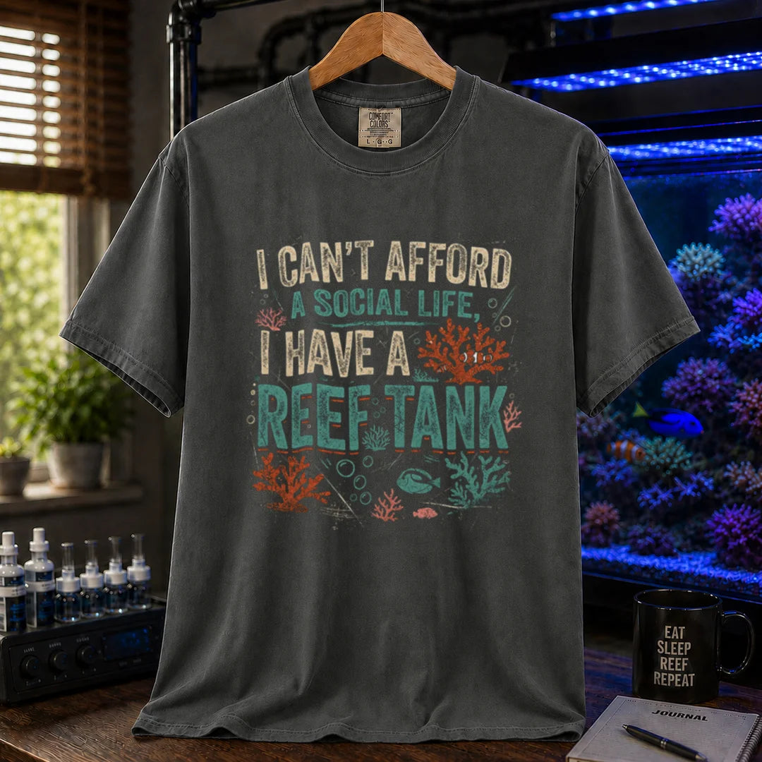 Saltwater aquarium graphic t-shirt featuring a vintage square design with text reading I Can't Afford a Social Life, I Have a Reef Tank and coral illustrations, dark grey crew neck tee