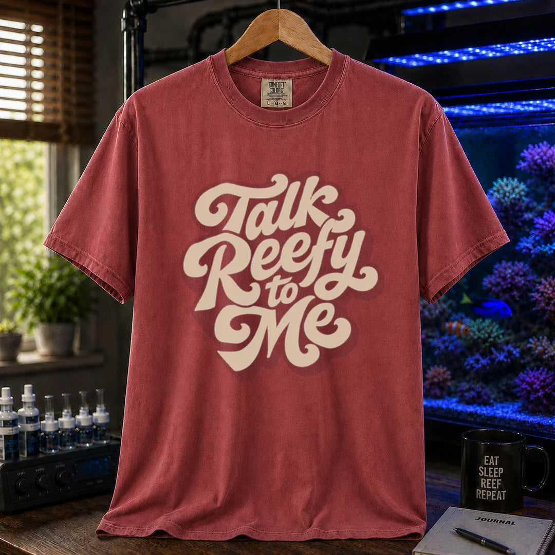 Saltwater aquarium graphic t-shirt featuring smooth retro cream script typography reading Talk Reefy to Me, maroon, red crew neck tee