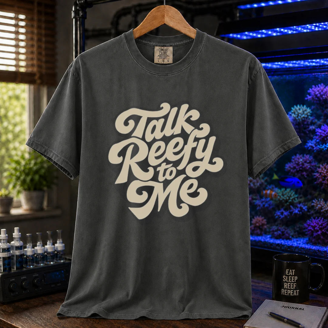 Saltwater aquarium graphic t-shirt featuring smooth retro cream script typography reading Talk Reefy to Me, dark grey crew neck tee