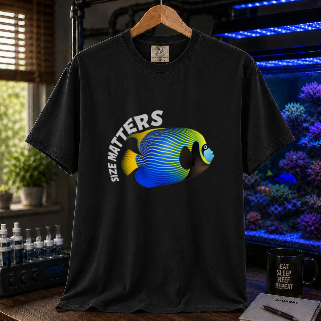 Saltwater aquarium graphic t-shirt featuring arched white typography reading Size Matters with an illustrated Emperor Angelfish, black crew neck tee