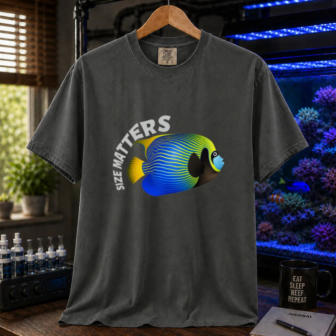 Saltwater aquarium graphic t-shirt featuring arched white typography reading Size Matters with an illustrated Emperor Angelfish, dark grey crew neck tee