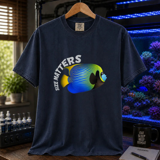 Saltwater aquarium graphic t-shirt featuring arched white typography reading Size Matters with an illustrated Emperor Angelfish, navy crew neck tee