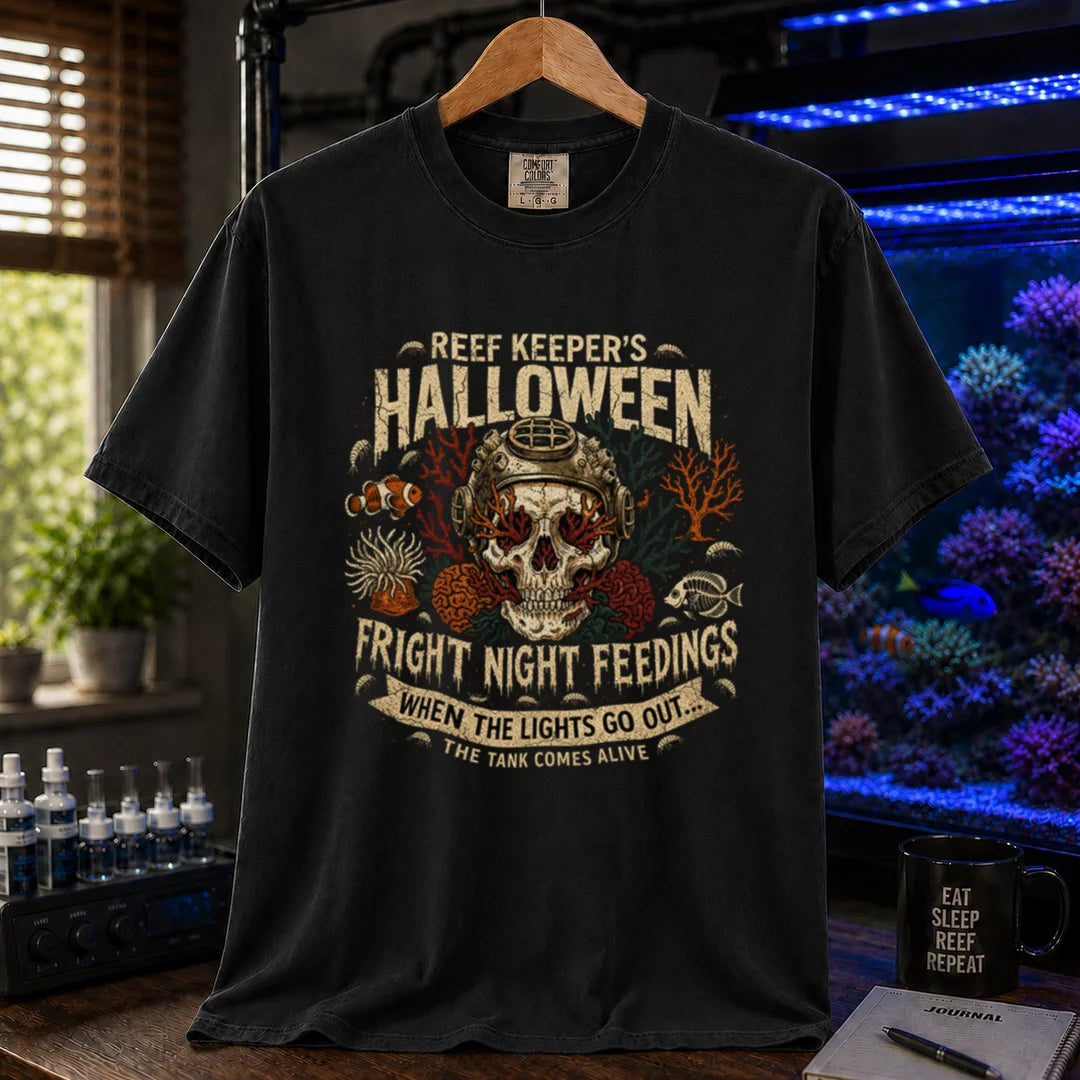 Saltwater aquarium graphic t-shirt design featuring distressed vintage typography reading Reef Keeper's Halloween Fright Night Feedings with a vintage diving helmet skull, amphipods, and a banner reading When The Lights Go Out... The Tank Comes Alive, black  crew neck tee