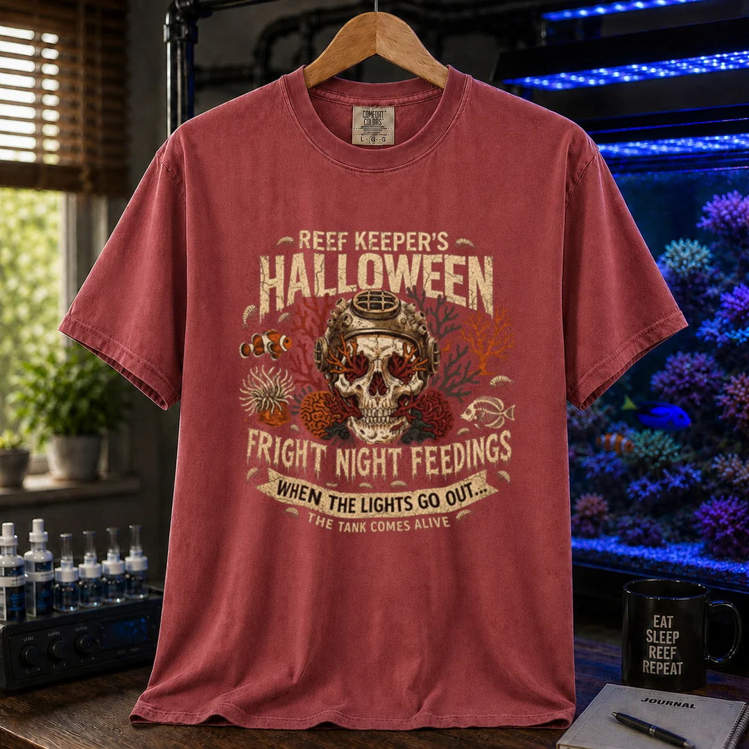 Saltwater aquarium graphic t-shirt design featuring distressed vintage typography reading Reef Keeper's Halloween Fright Night Feedings with a vintage diving helmet skull, amphipods, and a banner reading When The Lights Go Out... The Tank Comes Alive, maroon, red crew neck tee